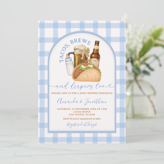 Tacos Brouwen en Luiers Baby shower Blue Gingham Kaart (Staand voorkant)