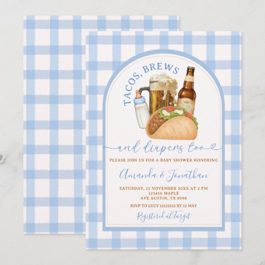 Tacos Brouwen en Luiers Baby shower Blue Gingham Kaart (Voorkant / Achterkant)
