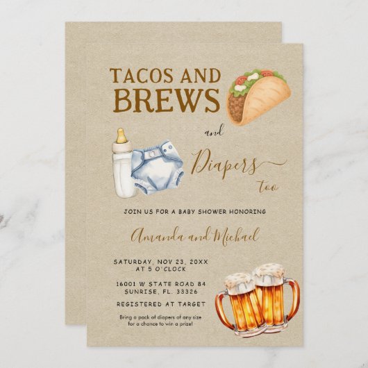 Tacos Brouwen en Luiers Baby shower Kraft Kaart (Voorkant / Achterkant)