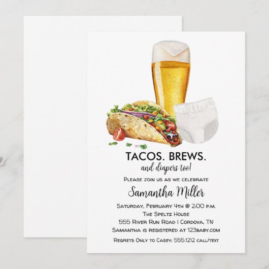 Tacos Brouwen en Luiers Baby shower Uitnodiging (Voorkant / Achterkant)