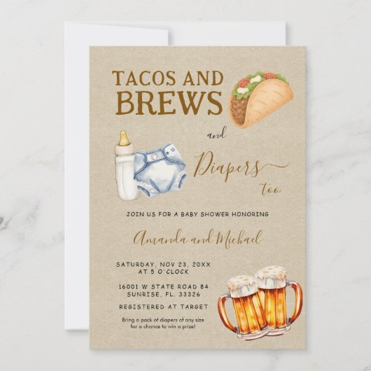 Tacos Brouwsels en Luiers Baby Shower Kraft Kaart (Voorkant)