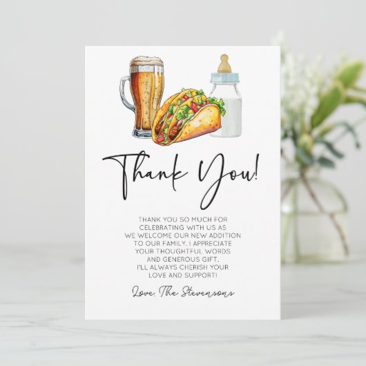 Tacos brouwt en luiers ook! Baby Shower Bedankkaart (Staand voorkant)