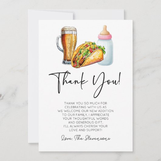 Tacos brouwt en luiers ook! Baby Shower Bedankkaart (Voorkant)