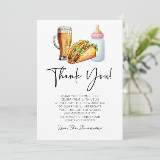 Tacos brouwt en luiers ook! Baby Shower Bedankkaart (Staand voorkant)