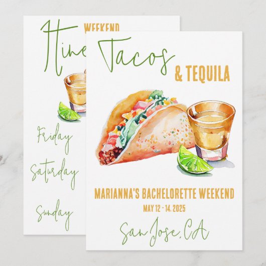 Tacos en Tequila Bachelorette Weekend Party Kaart (Voorkant / Achterkant)