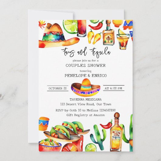 Taco's en tequila koppels douche sjabloon kaart (Voorkant)