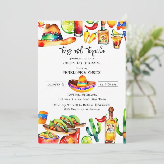 Taco's en tequila koppels douche sjabloon kaart (Staand voorkant)