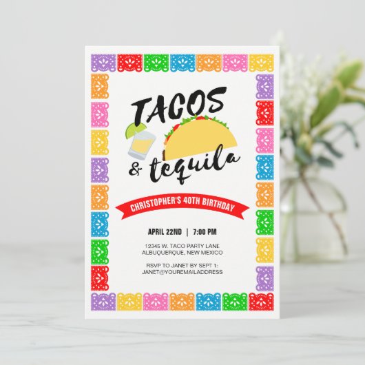 Tacos en Tequila Verjaardagsfeestuitnodiging Kaart (Staand voorkant)