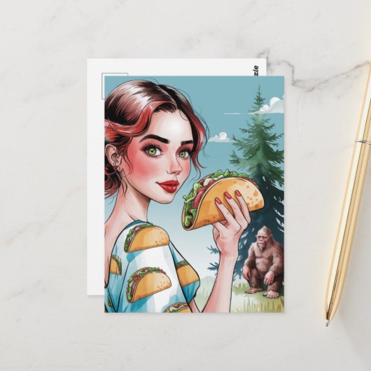 Taco's in het bos met Sad Sasquatch Briefkaart (Voorkant / Achterkant in situ)