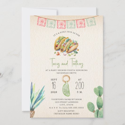 Tacos & Teethers Meisje Baby shower Fiesta Kaart (Voorkant)