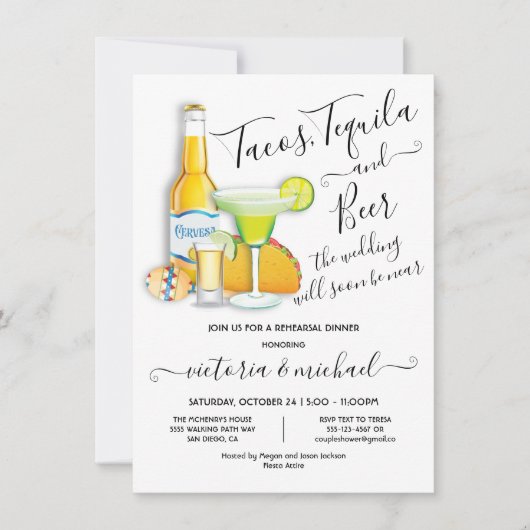 Tacos Tequila & Beer Rehearsal Dinner Fiesta Invit Kaart (Voorkant)