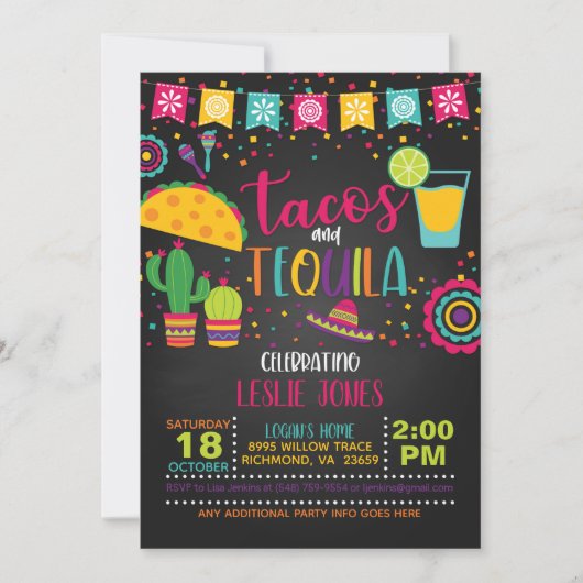 Tacos & Tequila Birthday Uitnodiging - Blk (Voorkant)