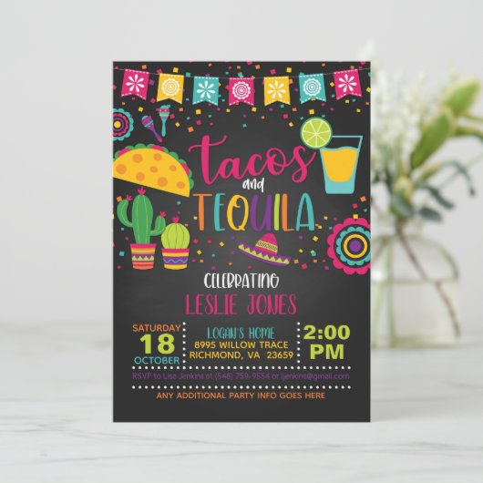 Tacos & Tequila Birthday Uitnodiging - Blk (Staand voorkant)
