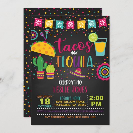Tacos & Tequila Birthday Uitnodiging - Blk (Voorkant / Achterkant)