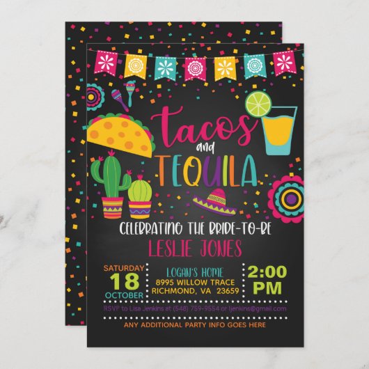 Tacos & Tequila Bridal Shower Invitation - Blk Kaart (Voorkant / Achterkant)