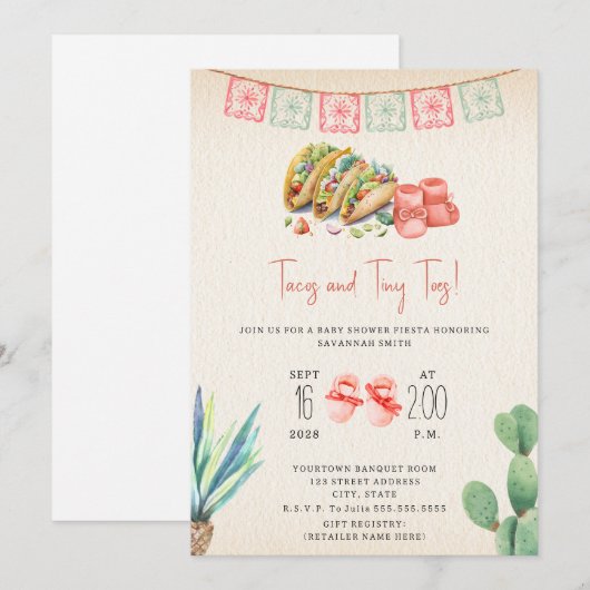 Tacos & Tiny Toes Meisje Baby shower Fiesta Kaart (Voorkant / Achterkant)