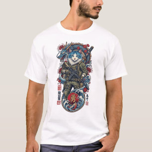 Tactische Samurai Kat Krijger met Draak en Katana T-shirt