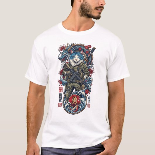 Tactische Samurai Kat Krijger met Draak en Katana T-shirt (Voorkant)