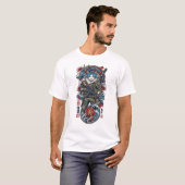 Tactische Samurai Kat Krijger met Draak en Katana T-shirt (Voorkant volledig)