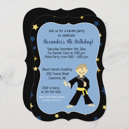 Tae Kwon Do Birthday Invitation Yellow Belt Boy Kaart (Voorkant / Achterkant)