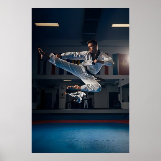 Taekwondo Athlete Performing Flying Sidekick Poster (Voorkant)