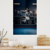 Taekwondo-atleet die vliegende zijkick uitvoert poster (Keuken)