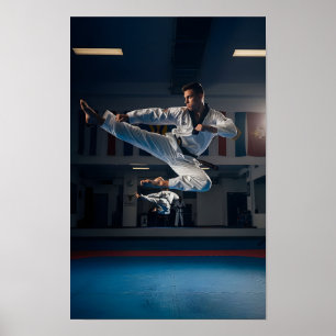 Taekwondo-atleet die vliegende zijkick uitvoert poster