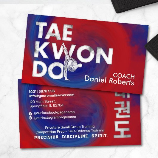 Taekwondo Coach -Hangul Symbol and High Kick Visitekaartje