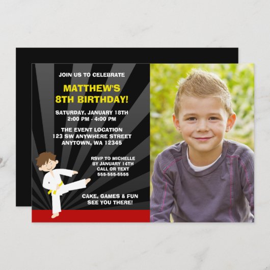 Taekwondo Karate Gele Riem Uitnodigingen Verjaarda (Voorkant / Achterkant)