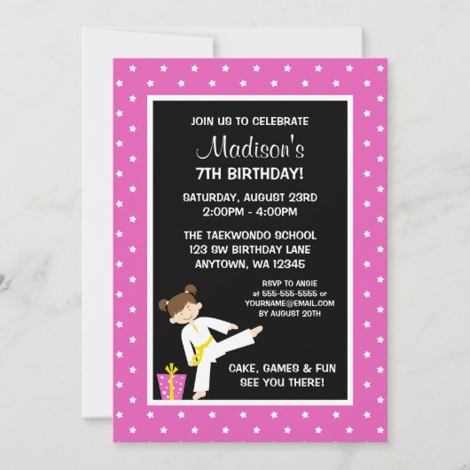 Taekwondo Karate Roze Sterren Meisje Verjaardag Kaart (Voorkant)