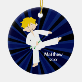 Taekwondo Karate White Green Belt Boy Aangepast Keramisch Ornament