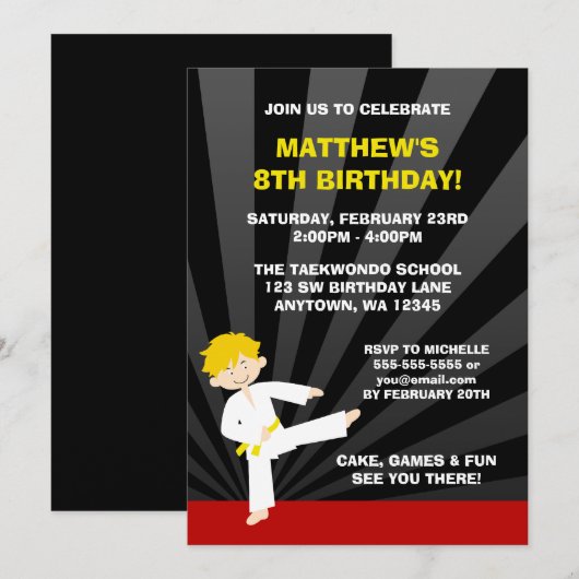 Taekwondo Karate Yellow Belt Birthday-uitnodiginge Kaart (Voorkant / Achterkant)
