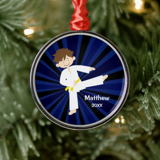 Taekwondo Karate Yellow Belt Boy Gepersonaliseerd Metalen Ornament (Boom)