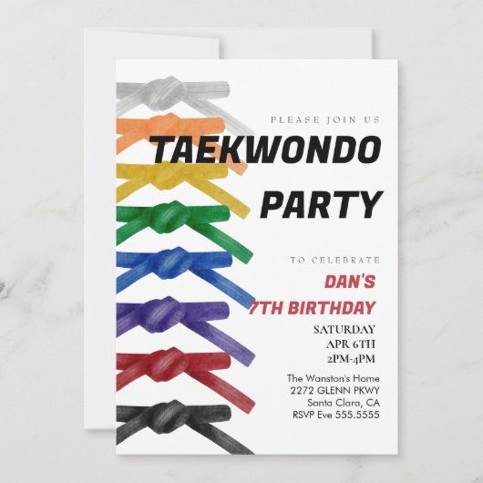 Taekwondo riem verjaardagsfeestje uitnodiging (Voorkant)