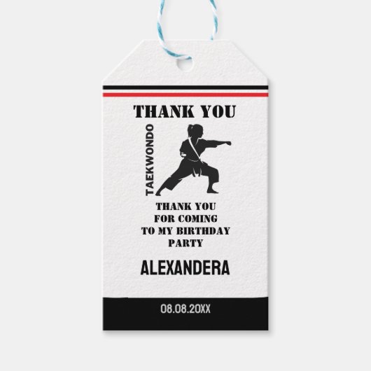 Taekwondo speler, Verjaardagsmeisje, Team Karate Cadeaulabel (Voorkant)