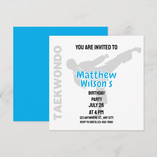 Taekwondo verjaardagsfeestje, Taekwondo speler Kaart (Voorkant / Achterkant)