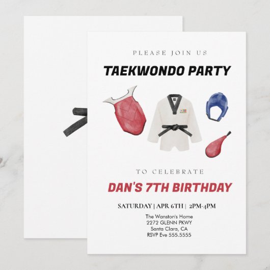 Taekwondo verjaardagsuitnodiging kaart (Voorkant / Achterkant)