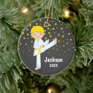 Taekwondo Yellow Belt Blonde Boy Personalized Keramisch Ornament