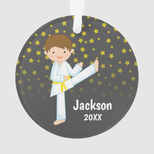 Taekwondo Yellow Belt Boy gepersonaliseerd Ornament (achterkant)