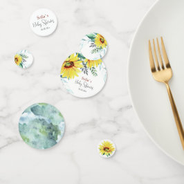 Tafel Confetti voor baby shower met zonnebloemen.