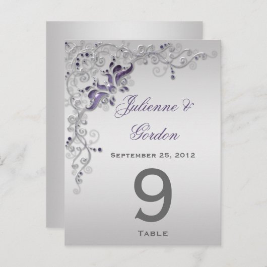 Tafel Kaarten  Paarse zilveren bloemenwervelingen (Voorkant / Achterkant)