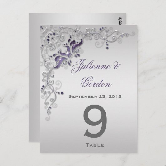 Tafel Kaarten  Paarse zilveren bloemenwervelingen (Voorkant / Achterkant)