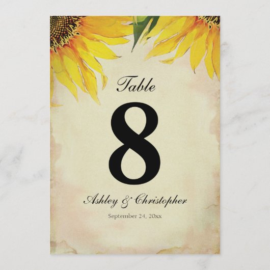 Tafel Nummer Acht Zonnebloem Bruiloftsreceptie Kaart (Achterkant)