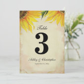 Tafel nummer drie, bruiloftsreceptie zonnebloem kaart (Staand voorkant)