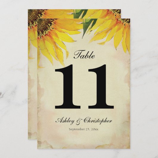 Tafel Nummer Elf Bruiloftsreceptie Zonnebloem Kaart (Voorkant / Achterkant)