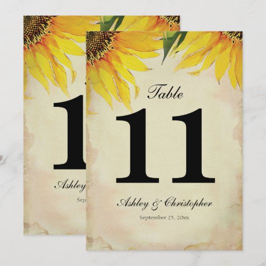 Tafel Nummer Elf Zonnebloem Huwelijksfeest Ontvang Kaart (Voorkant / Achterkant)