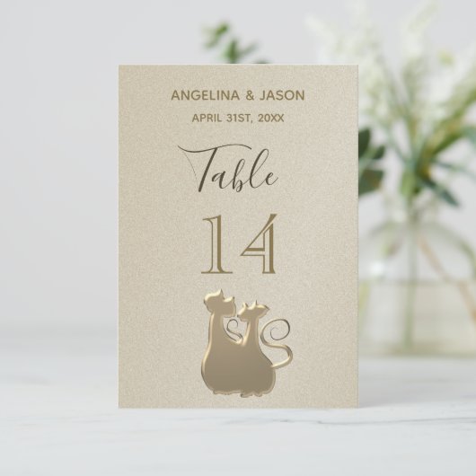 Tafel Nummer Kat Koppel Gouden Elegante Trouw Kaart (Staand voorkant)