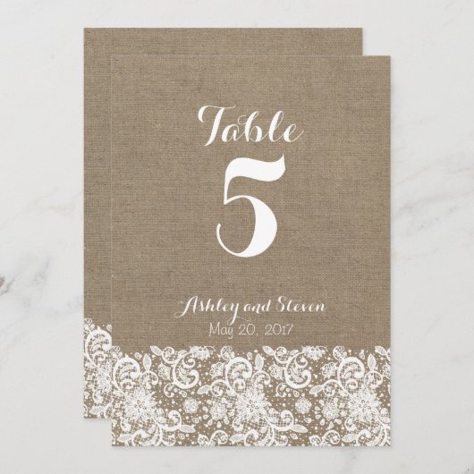 Tafel nummers voor rustieke bruiloft - jute en kan kaart (Voorkant / Achterkant)