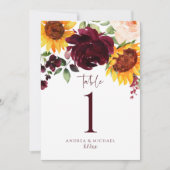 Tafel Nummers Zonnebloem Rozen Burgundy Rood Trouw Kaart (Voorkant)