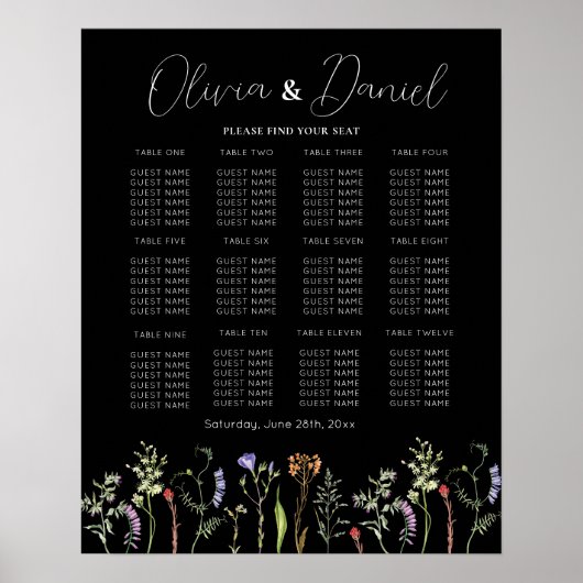 Tafel Trouwen Zitplaatsen 12 Wildflowers Floral Da Poster (Voorkant)